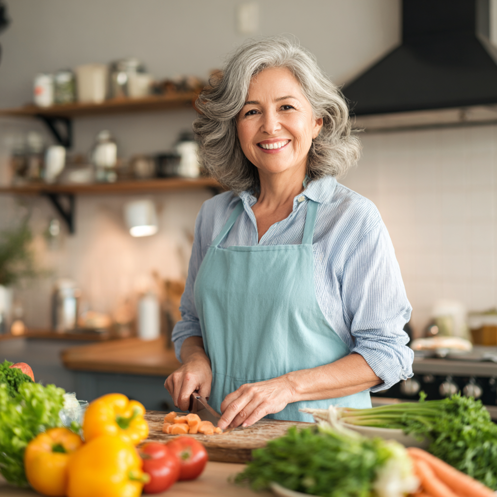 Mature woman in her early 50s with gray hair smiling while preparing fresh vegetables in a bright modern kitchen, wearing a light blue apron