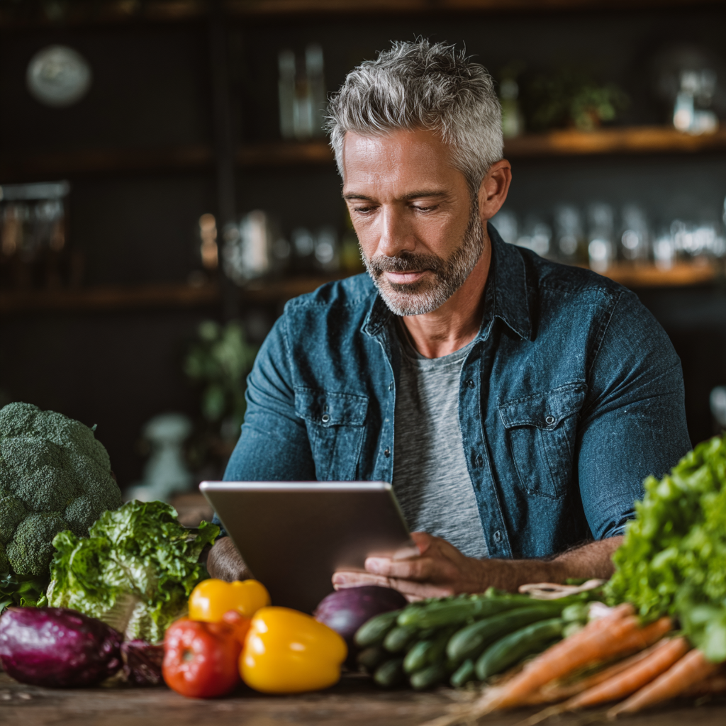 Professional nutritionist in his late 40s with salt-and-pepper hair reviewing meal plans on a tablet while sitting at a desk with fresh fruits and vegetables around
